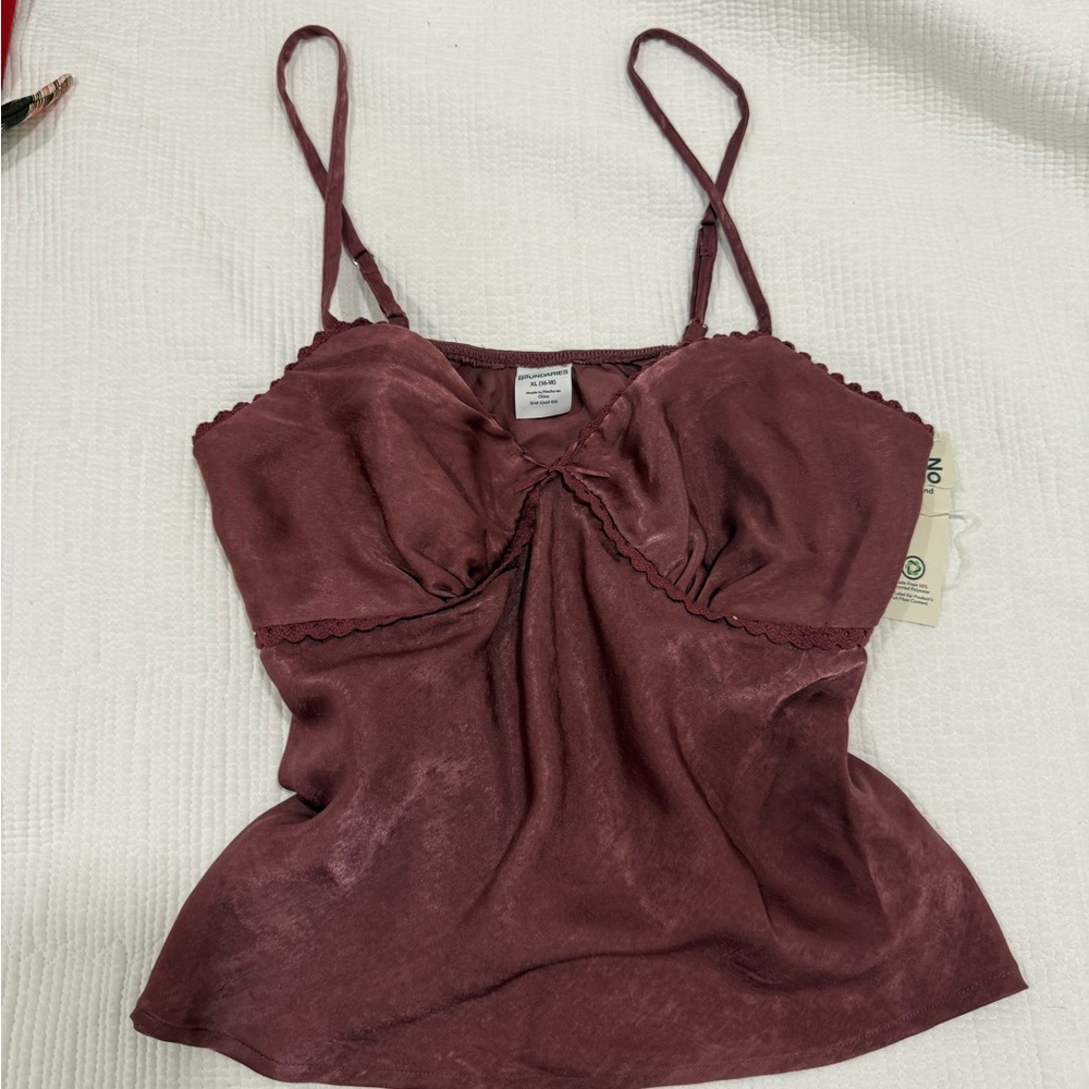 No Boundaries Satin Twist Front Cami in Burgundy
